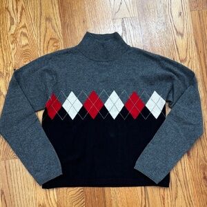 Lord & Taylor 100% Cashmere 2-Ply Turtleneck Argyle Red Black Gray Sweater Small
